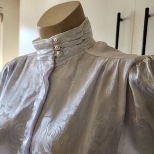 Melissa Robin Vintage 80s White Rose Jacquard High Neck Silky Blouse Small